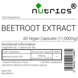 Nutrics® Beetroot Extract 20:1 11000mg Extract V Capsules 20:1 Vegan Capsules- Beta Vulgaris Strong Supplement - Suitable for Vegan Vegetarian Halal & Kosher Diet - 60 Capsules (2 Months Supply)