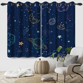Kzzfqxb Outer Space Galaxy Blackout Curtains Boys Kids Cartoon Universe Planets Window Drapes for Bedroom Starry Sky Curtain Panel with Thermal Insulated Grommet,2 Panels,Each W42 xL63