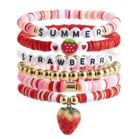 Surfer Heishi Clay Bead Strawberry Bracelets Set for Women Bohemian Stackable Gold Plated Beaded Elastic Stretch Bracelet Resin Friendship Summer Beach Birthday Jewelry Gifts - A