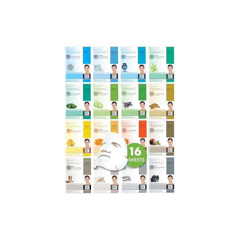 DERMAL Korea 16 Mascarillas Faciales Coreanas con Colágeno y Vitamina