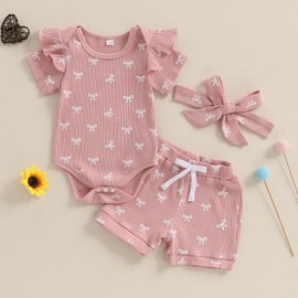 XIXIMAON Baby Girl Summer Outfits Ruffle Short Sleeve Crew Neck Romper Elastic Waist Shorts Headband 3pcs Bow Print Newborn Ribbed Cotton Clothes (Pink, 12-18 Months)