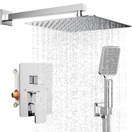 Shower System Modern Rain 12 inches Brass Faucet Set With Valve and Diverter Shower Mixer With Handheld High Pressure Square Rainfall Shower Rough-in Valve (12‘’ Wall Mount, Chrome Polished)