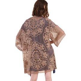 Umgee Oh Sweet Lace! Floral Lace Open Front Kimono with Waist Tie (Small, Mocha)