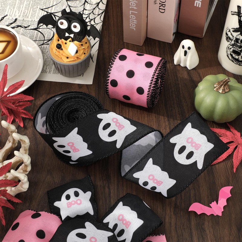 JarThenaAMCS 2 Roll Halloween Wired Edge Ribbon Ghost Boo Polka