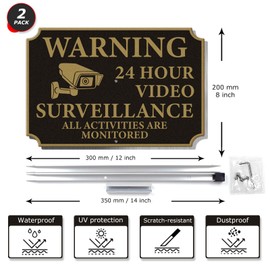 YIKIADA 2 Pack Warning 24 Hour Video Surveillance Sign All Activities Are Monitored with Stake 12 × 8 Inches Heavy-Duty Aluminum Reflective Waterproof Signage for Home Business Yard