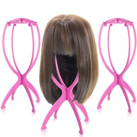 obeoby 3 Pack Wig Stand, Portable Wig Holder Pink Wig Head Stand for All Wigs Travel Wig