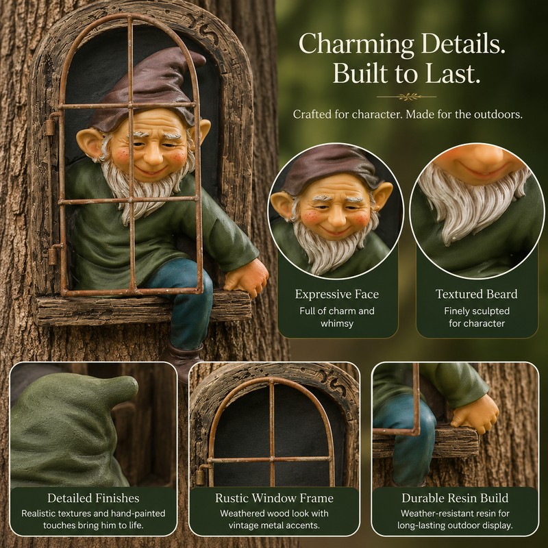 Tree Hugger Gnome Statue for Outdoor Decor – Funny Resin