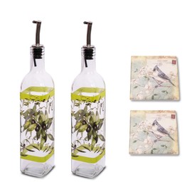 Topadorn 17 oz Olive Oil Dispenser Bottle Set for Kitchen, 2 Pcs Glass Oil Dispenser Bottle with Stainless Steel Pourers, 2 Packs of Napkins, Leaves and Fruits