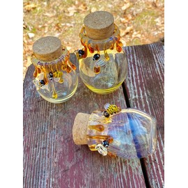 HANDMADE Glassart original design silver fumed Honeybee Glass Jar with cork, for Spices and Herbs - Size: 4 inches