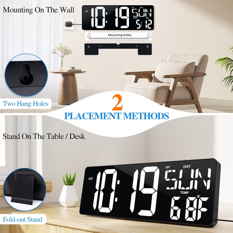 Large Digital Wall Clock with Remote Control 17.2" LED Large