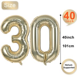Number 30 Balloons, Champagne Gold 30 Number Balloons, 40 Inch Champagne Gold 30 Balloons Self Inflating, Large Foil Mylar Helium Gold Digit Balloons for 30nd 3rd Birthday Anniversary Party Decoration
