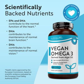 Nutravita Vegan High Strength Omega 3 2000mg Soft Gels - 600mg DHA & 300mg EPA per Serving - Plant-Based Omega 3 Softgels Derived from Sustainable Algal Oil - 60 Vegan Softgels - Made in The UK