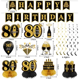 Eucutur 42 Pcs 80th Birthday Decoration Kit for Women Men, Black Gold Happy 80th Bday Banner Honeycomb Balloons Centerpiece Paper Pom Poms Supplies