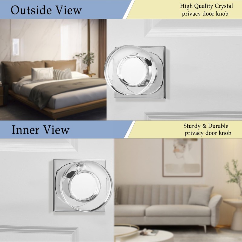 coolnews Crystal Glass Door Knobs Interior with Lock, Modern Round