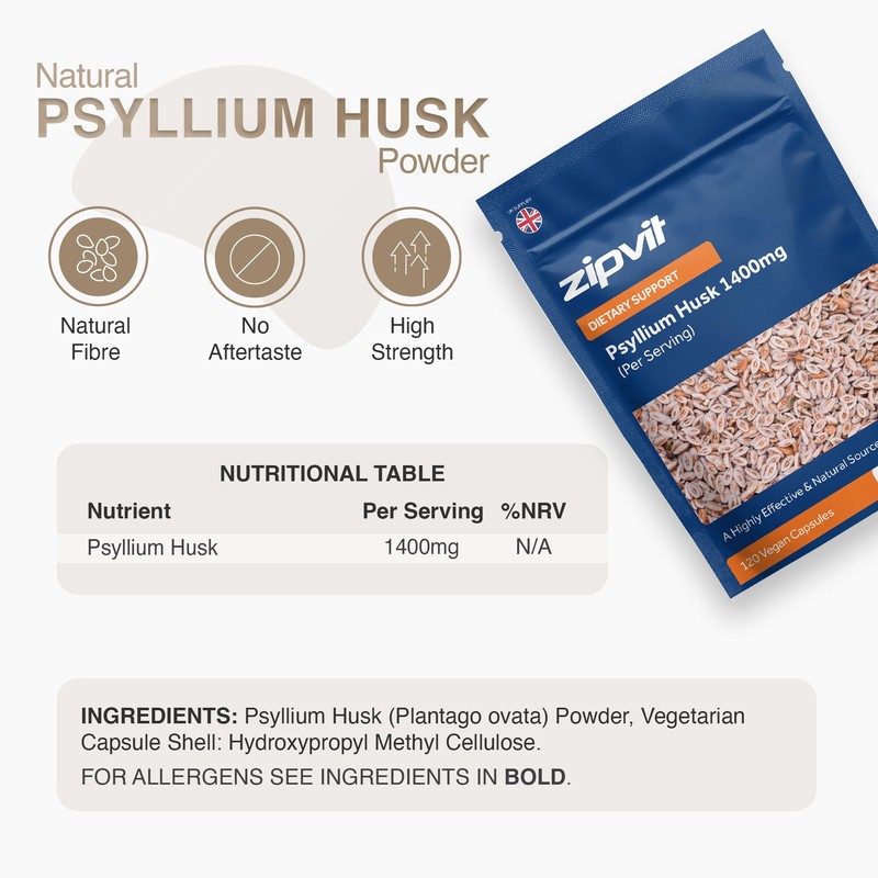 Zipvit Psyllium Husk Fibre Supplement, 1400mg Psyllium Husk Powder, Up
