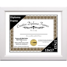 Creative Picture Frames 13x17 White Diploma Frame with White Mat Glass and Installed Wall Hangers | Frame Holds 16x20 Media without Mat