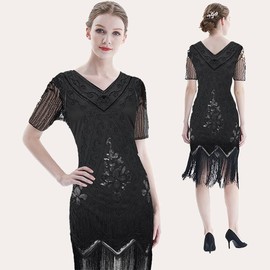 ELFIN 20s Dresses Flapper Dress Women's Fringe Sequin Dress 20s Party Dress Accessories 1920s Costume Dresses with Headband, Headpiece, Long Black Gloves, Necklace, L, Black