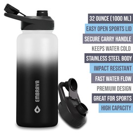 Embrava Botella de agua deportiva aislada, 32 onzas, tapa de apertura rápida para gimnasio, entrenamientos y exteriores, a prueba de fugas, libre de BPA y BPS, doble pared y acero inoxidable