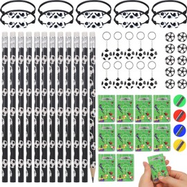 QMLING Pack of 56 Football Party Bags, Party Bags, Children's Birthday Party, Football, 10 Football Flipper 10 Bracelets, 12 Pencils, 10 Erasers, 10 Keyrings, 4 Pencil Sharpeners for Boys and Girls