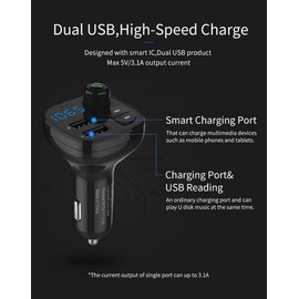 ​Riloer FM Transmitter, Car AUX Audio Modulator MP3 Player, Car Radio Audio Adapter Car Charger with Handsfree & 2.1A Dual USB Ports, Support BT/TF Card/U Disk