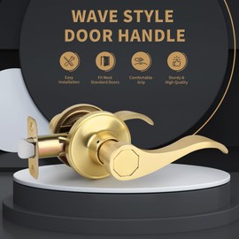 Gaurqiah Brushed Gold Wave Style Passage Door Handle Without Keys, Non-Locking Door Lever for Hallway/Closet in Satin Brass Finish, No Lock Reversible Lever for Left/Right Doors