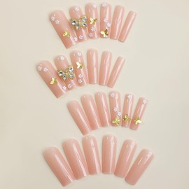 French Tip Press On Nails Fake Nails Long Coffin Square with Nude 3D Butterfly Flower Designs Glossy Acrylic False Nails Long Coffin Square Glue on Nails Full Cover Thick Stick on Nails for Women Girls 24Pcs XC-81-27