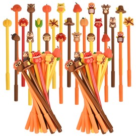 50 Pcs Thanksgiving Day Cartoon Cute Fun Pens for Kids Kawaii Maple Leaves, Pumpkins, Scarecrows and Turkeys Shape Gel Black Ink Pen, Cute Pumpkins Pens for School Office Home Student Kids Present