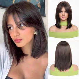 Esmee Short Straight Dark Brown Bob Wigs with Curtain Fringe Shoulder Length Natural Wig Synthetic Cosplay Wigs for Women