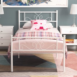 Weehom 12.7 Inch Twin Size Metal Bed Frame with Headboard Platform Bed Steel Slat Support Mattress Foundation Easy Assembly White