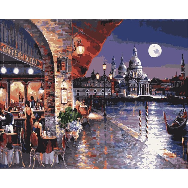 DIY Oil Painting Paint by Number Kit for Kids Adults Beginner 16x20 inch - Coffee Shop Night View, Drawing with Brushes Christmas Decor Decorations Gifts (Without Frame)
