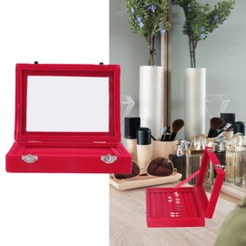 Organizador de Joyerode de Terciopelo, Caja de Almacenamiento para Anillos con 7 Compartimentos, Organizador de Joyero con Tapa de Cristal Transparente(rojo)