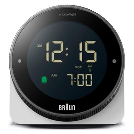 Braun digitaler Funkwecker für die mitteleuropäische Zeitzone (DCF) mit Schlummerfunktion, umgekehrtem LCD-Display, drehbarer Lünette für schnelle Zeiteinstellung, Weiß, BC24W-DCF.