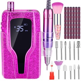 Professional 35000 RPM Nail Drill , Rechargeable Electric Nail File Machine E File for Acrylic Nails Gel Polishing Removing, Portable Cordless Efile with Bits Kit for Manicure Salon Home Pink