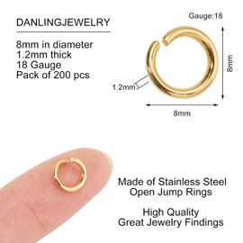 DanLingJewelry 200 pcs 304 Stainless Steel 18 Gauge Open Jump Rings 8mm for Jewelry Making Connectors Jewelry Finding Golden Color