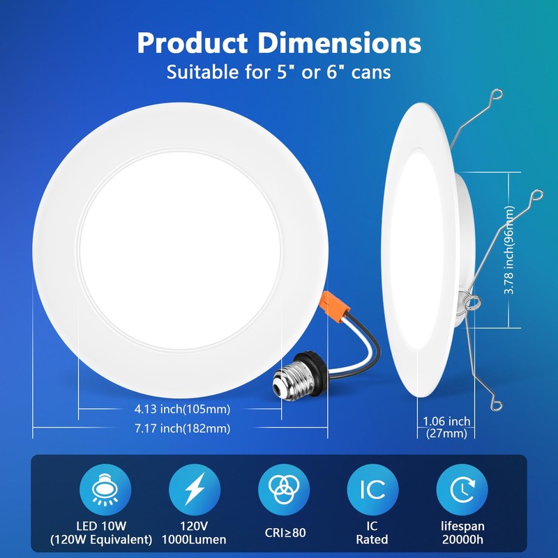 LVWIT LED Recessed Light 6inch, 5CCT Can Lighting with White
