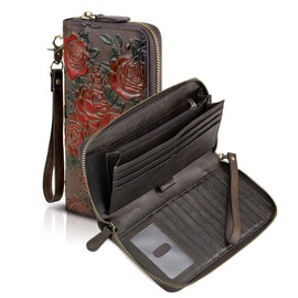 Women's Leather Large Clutch Purse with RFID Protection Large Purse Long Wallet with 17 Card Slots, coffee