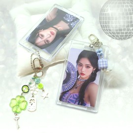 2 Sets Photocard Holder with Cute Bear and Lucky Four-Leaf Clover Keychain Y2K Badge Charm Holders Korean Style Transparent Card Sleeves Kawaii Photo Card Keychain Acrylic ID Bus Card Holders
