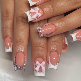 24Pcs French Tip Press on Short Square - 3D Handmade Press on Nails with 3D Flower Bow Rhinestone Charms Design Fake Nails Glitter French Nails Cute Press ons Shiny Bows False Nails for Women