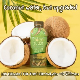 Coco Suero Electrolyte Coconut Water – 12-Pack | 100 Calories, Fat-Free, Packed with B3, B6, B12 for Energy & Hydration | No Artificial Flavors | Amino Acids | Sweetened with Dextrose | (20.2 Fl Oz, Tropical Coconut)
