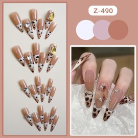 Press on Nails Almond Pointed Long Full Cover Acrylic Almond French False Nails with Designs Artificial Almond Fake Nails with Charms Glue ons Fingernails Almond Shaped Nails for Women Girls(Z490)