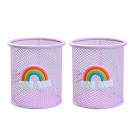 HBYMYDA 2 Pieces Openwork Pen Holder Round Iron Art Writing Instrument Holder Mesh Metal Pen Box with Rainbow for School, Home, Office, Pink