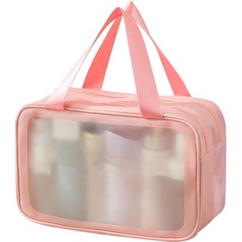 Jeanoko Bolsa de Maquillaje Portátil, Organizador Impermeable de Doble Capa para Artículos de Tocador y Cosméticos de Viaje, PVC de Gran Tamaño (Rosa Talla Grande)