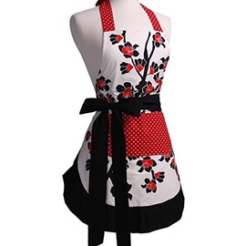 LroHan Women's Floral Apron with Pockets Vintage Ladies Adjustable Chefs Aprons for Kitchen Cooking Baking and Gardening