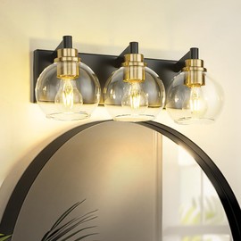 METWET Bathroom Light Fixtures, 3-Light Black and Gold Bathroom Vanity Light, Modern Wall Sconces with Globe Clear Glass Shade, Vanity Lighting Fixtures Over Mirror, VL195-KG-3