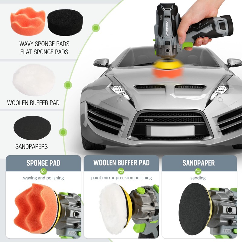 WORKPRO 12V Cordless Polisher, 3" Mini Car Detailing Buffer &