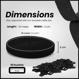2cm x 10m Adjustable Cable Straps with 50 Buckles, Free-Cut, Reusable Cable Ties Hook and Loop Ties for Cable Management, Wire Organizer, and Cord Tidy