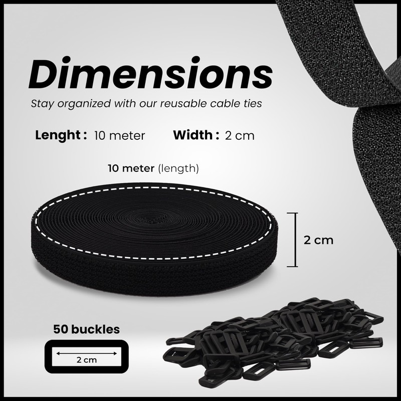 2cm x 10m Adjustable Cable Straps with 50 Buckles, Free-Cut,