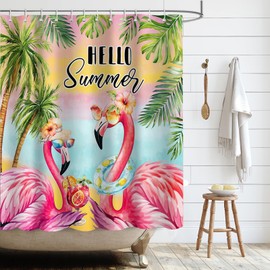 APROPHIC Tropical Shower Curtain, Flamingo Bathroom Shower Curtain, Plant Shower Curtain Set, Green Shower Curtain with 12 Hooks, Coastal Beach Leaf Shower Curtain Decoration, 72 x 72 Inches