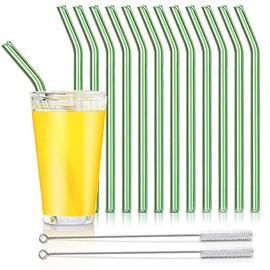 Reusable Glass Straws, Reusable Bent Glass Drinking Straws with 2 Cleaning Brushes, Reusable Straws for Smoothies, Milkshakes, Juice(Green, 12 Pack)