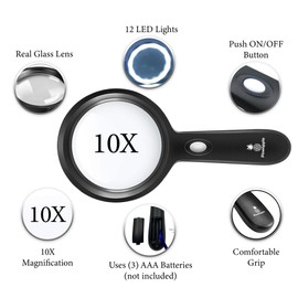 Magnifying Glass with Light, 10X Lighted Magnifier Handheld, Large Magnifying Glass for Reading, Seniors, Macular Degeneration, Elderly